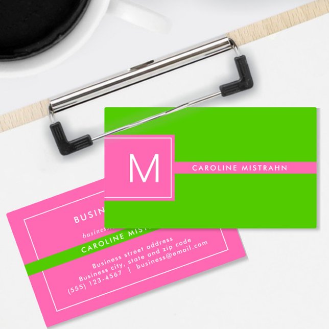 Preppy Monogram Pink and Lime Green Professional Business Card (Creator Uploaded)