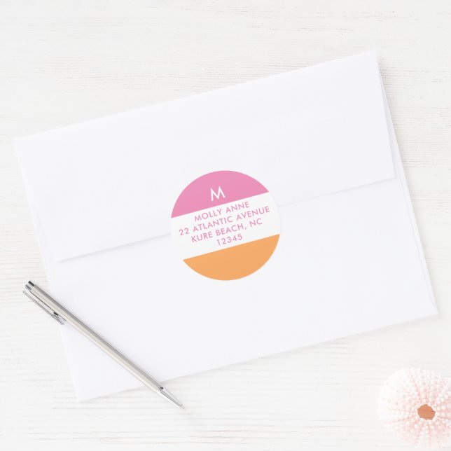 Preppy Monogram Pink and Orange Girly Classic Round Sticker (Envelope)