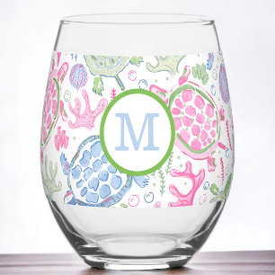 Preppy Monogram Pink Blue Sea Turtles  Stemless Wine Glass