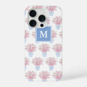 Preppy Monogram Pink Florals Blue White Ginger Jar iPhone 15 Pro Case