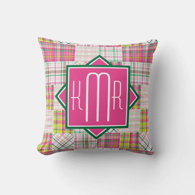 Preppy Monogram | Pink & Green Plaid Cushion (Front)