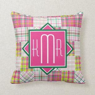 Preppy Monogram Pink & Green Plaid Cushion