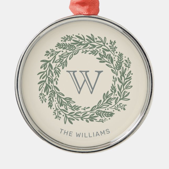 Preppy Monogram Sage Green Wreath Metal Ornament (Front)