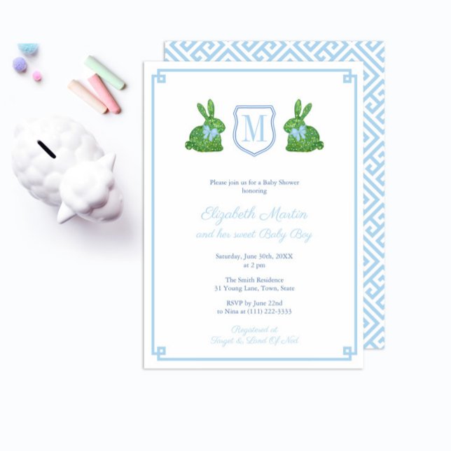 Preppy Monogram Some Bunny Boy Baby Shower Party Invitation (Creator Uploaded)