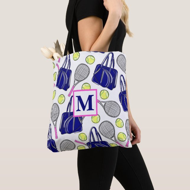 Preppy Monogram Tennis Navy Tote Bag (Close Up)