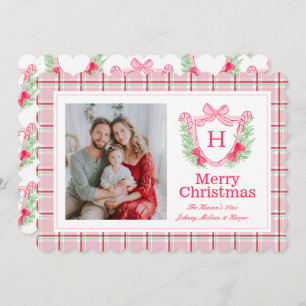 Preppy Monogram Watercolor Christmas Wreath Holly Holiday Card