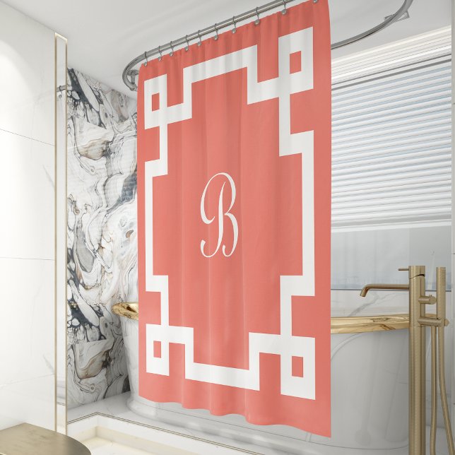 Preppy Monogram White Greek Key Border Coral Pink Shower Curtain (Creator Uploaded)