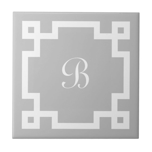 Preppy Monogram White Greek Key Border Grey Ceramic Tile (Front)
