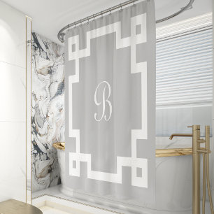 Preppy Monogram White Greek Key Border Grey Shower Curtain