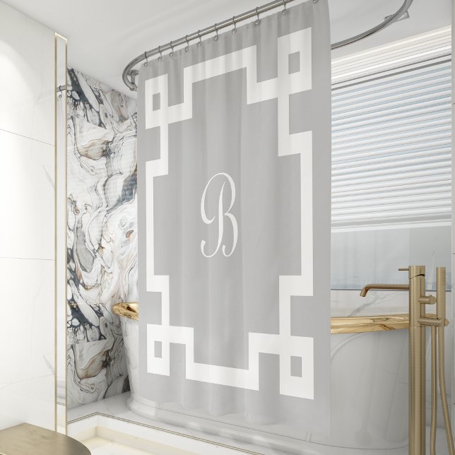 Preppy Monogram White Greek Key Border Grey Shower Curtain (Creator Uploaded)