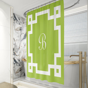 Preppy Monogram White Greek Key Border Lime Green Shower Curtain