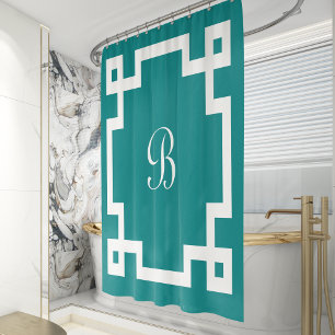 Preppy Monogram White Greek Key Border Teal Blue Shower Curtain