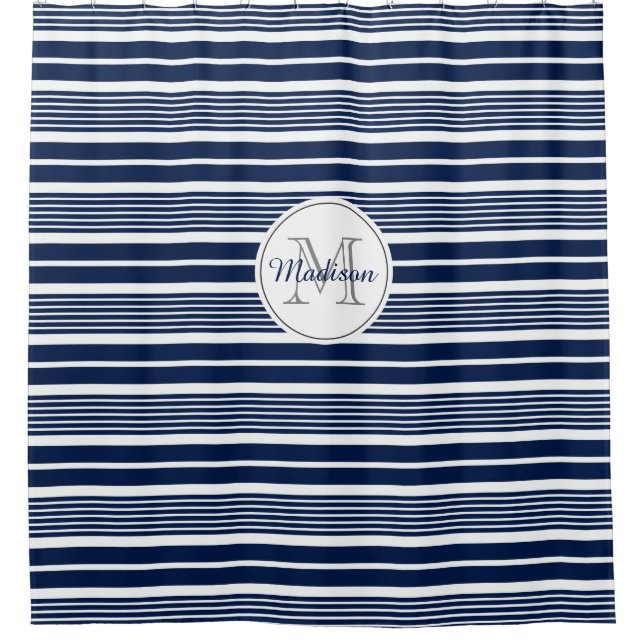 Preppy Monogrammed Navy Blue and White Striped Shower Curtain (Front)