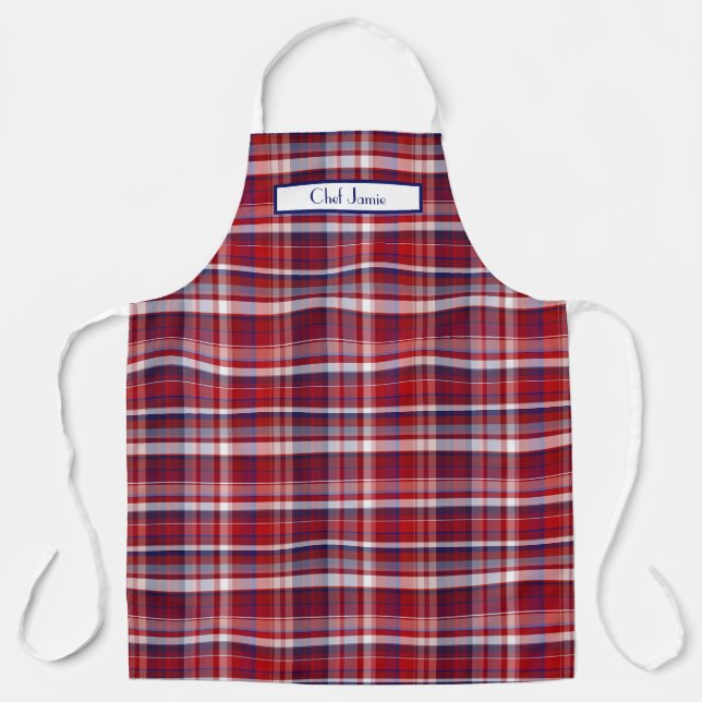 Preppy Multicolor Madras Deep Red Navy Apron (Front)