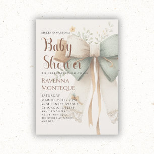 Preppy Nature Cream Sage Patchwork Bow Baby Shower Invitation