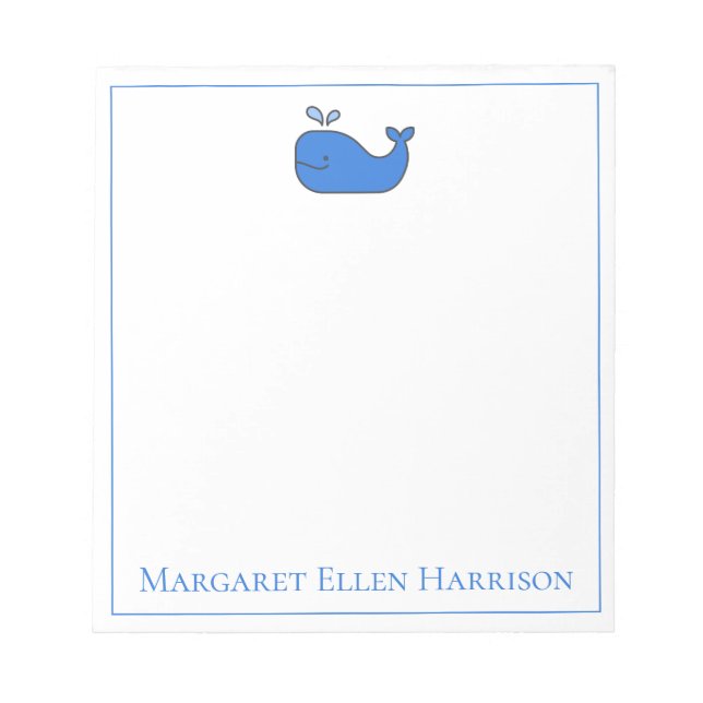 Preppy Nautical Blue and White Whale Personalised Notepad (Front)