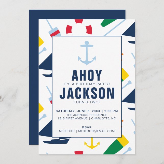 Preppy Nautical Children's Birthday Party Boy Invitation (Front/Back)