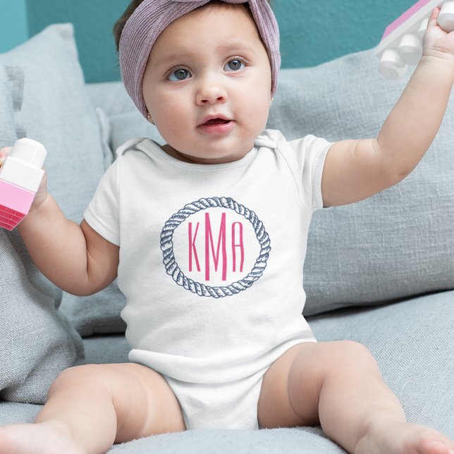 Preppy Nautical Navy & Pink Rope Monogram Baby Bodysuit (Creator Uploaded)