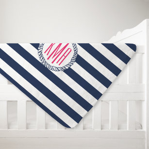 Preppy Nautical Navy & White Stripe Pink Monogram Baby Blanket