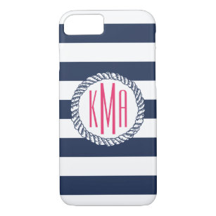 Preppy Nautical Navy & White Stripe Pink Monogram Case-Mate iPhone Case