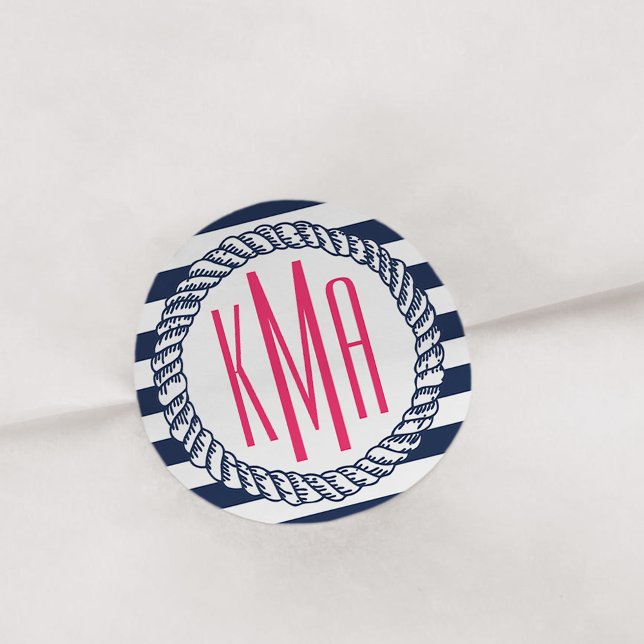 Preppy Nautical Navy & White Stripe Pink Monogram Classic Round Sticker (Creator Uploaded)