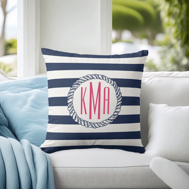 Preppy Nautical Navy & White Stripe Pink Monogram Cushion (Creator Uploaded)