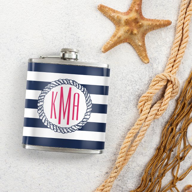 Preppy Nautical Navy & White Stripe Pink Monogram Hip Flask (Creator Uploaded)