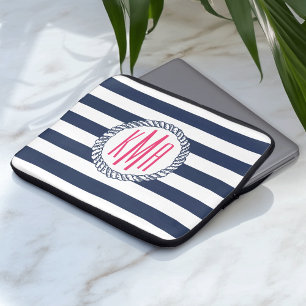 Preppy Nautical Navy & White Stripe Pink Monogram Laptop Sleeve