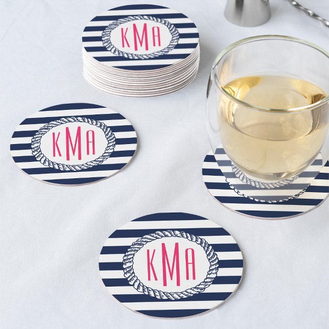Preppy Nautical Navy & White Stripe Pink Monogram Round Paper Coaster (Creator Uploaded)