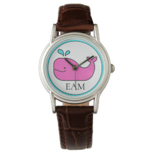Preppy Nautical Pink and Aqua Whale Monogram Watch