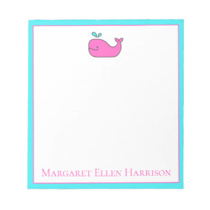 Preppy Nautical Pink and Aqua Whale Personalised Notepad