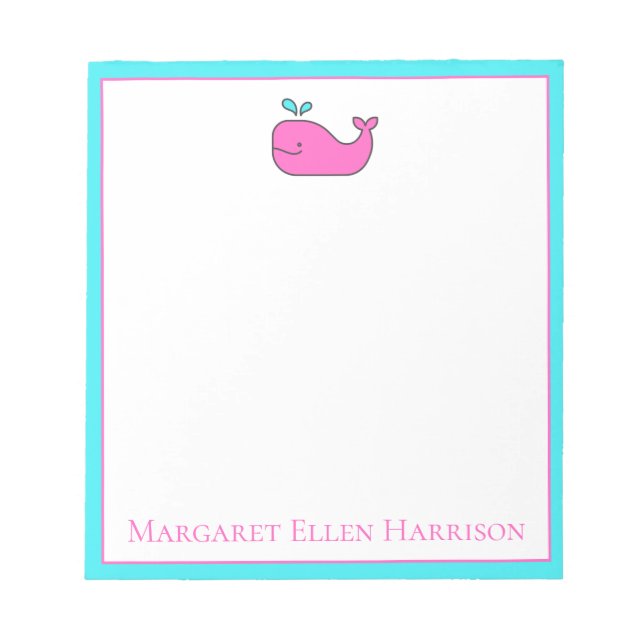 Preppy Nautical Pink and Aqua Whale Personalised Notepad (Front)