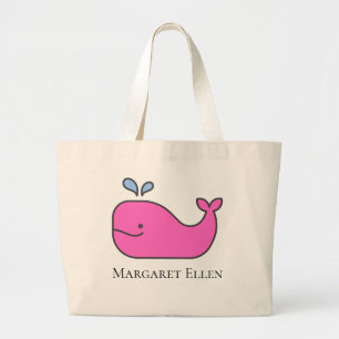 Preppy Nautical Pink and Blue Whale Personalised Large Tote Bag