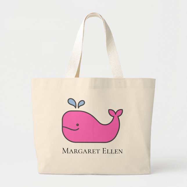 Preppy Nautical Pink and Blue Whale Personalised Large Tote Bag (Front)