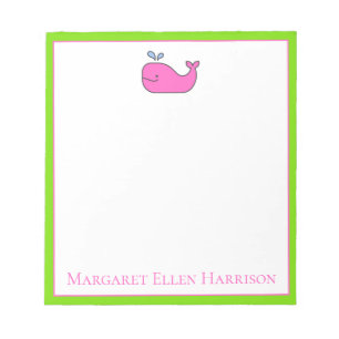 Preppy Nautical Pink and Green Whale Personalised Notepad