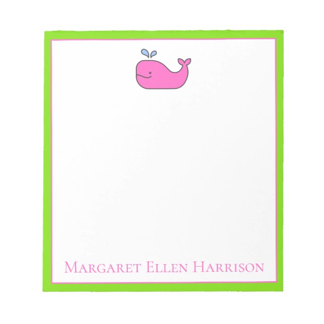 Preppy Nautical Pink and Green Whale Personalised Notepad (Front)
