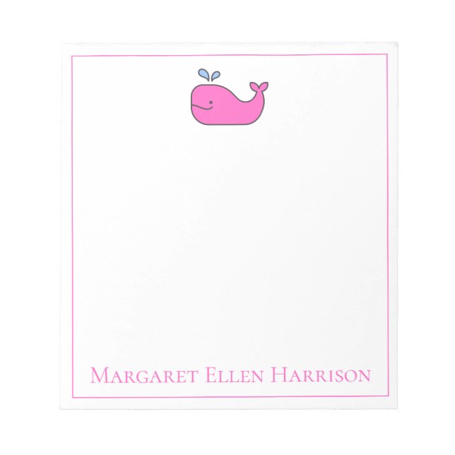 Preppy Nautical Pink and White Whale Personalised Notepad (Front)
