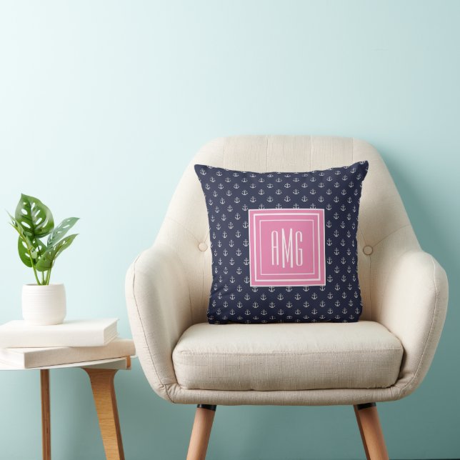 Preppy Nautical Pink Monogram Throw Pillow (Chair)