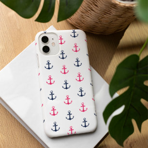 Preppy Nautical Pink & Navy Anchor Pattern iPhone 16 Case