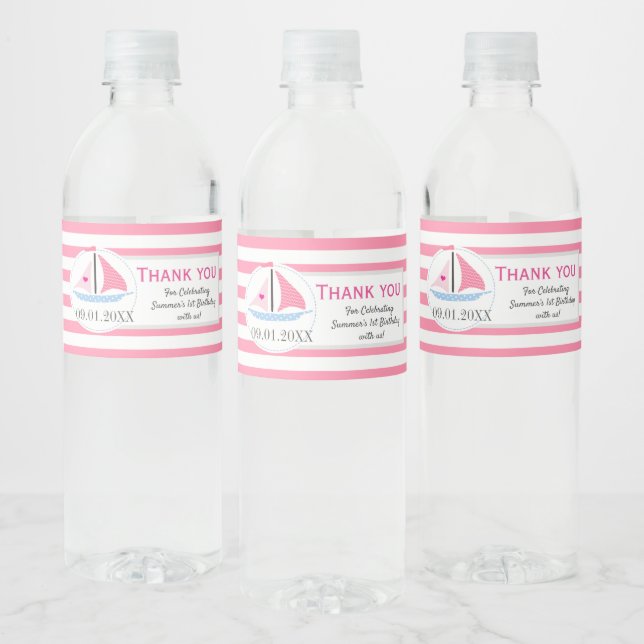 Preppy Nautical Pink Sail Away Birthday Thank You Water Bottle Label (Bottles)