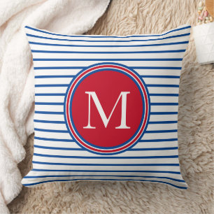 Preppy Nautical Red White and Blue Stripe Monogram Cushion