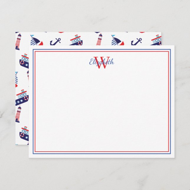 Preppy Nautical Sailboats Monogram Card (Front/Back)
