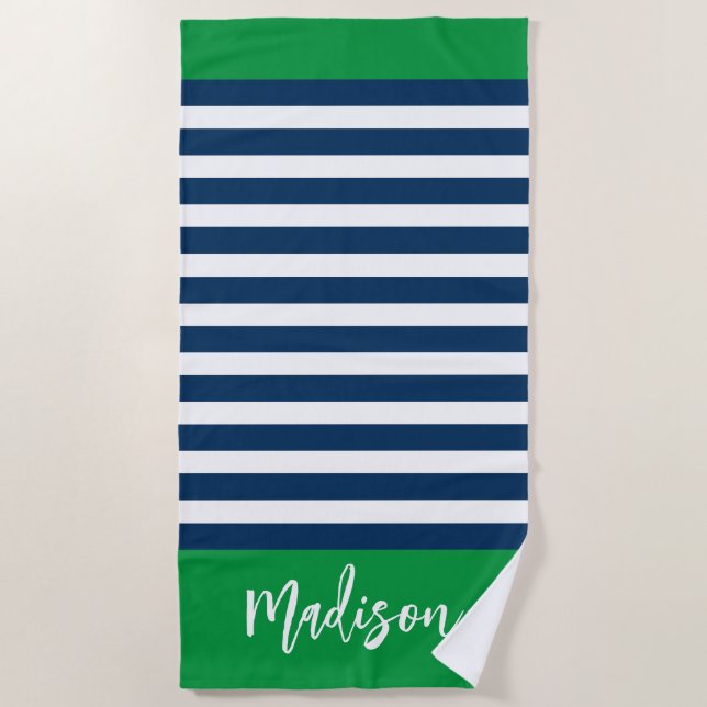 Preppy Nautical Stripe Navy Green Calligraphy Beach Towel (Front)
