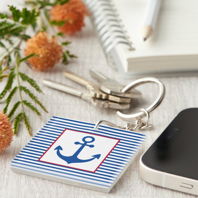 Preppy Nautical Stripes and Anchor Personalised Key Ring (Front Right)