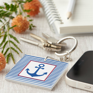 Preppy Nautical Stripes and Anchor Personalized Key Ring
