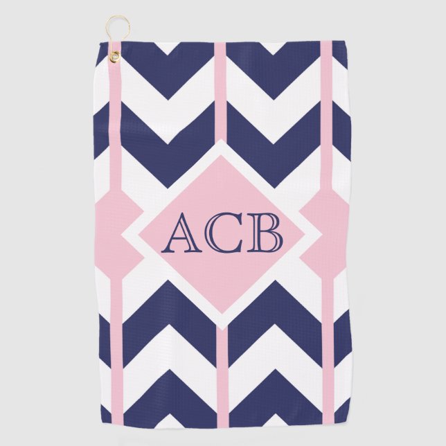 Preppy  Navy and Pink Chevron Ladies Monogram Golf Towel (Front)