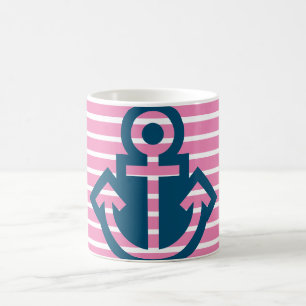 Preppy Navy and Pink Striped Anchor Mug