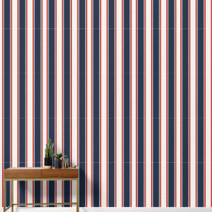 Preppy Navy, Barn Red & Smoke Blue Ticking Stripe Wallpaper