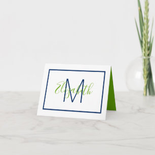 Preppy Navy Blue and Green Monogram Note Card