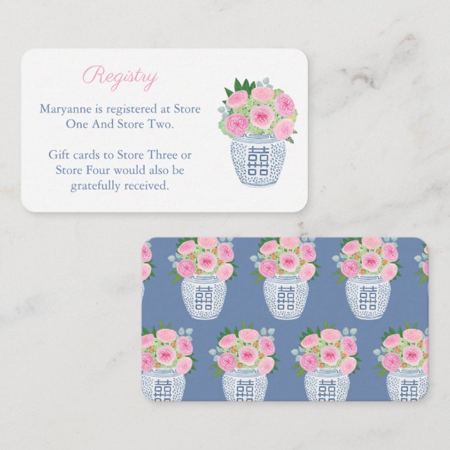 Preppy Navy Blue And Pink Bridal Shower Registry Enclosure Card (Front/Back)